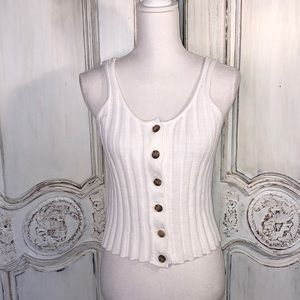 LOFT Cotton Blend White Ribbed Knit Front Button Closing Tank Size Small